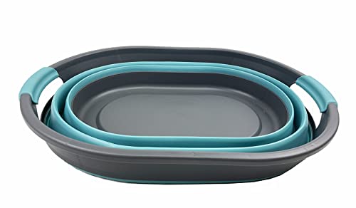 SAMMART Ovaler Wäschekorb aus Kunststoff, 28 l, faltbar, Pop-Up-Aufbewahrungsbehälter/Organizer, tragbar, platzsparend (Grau/Kristallblau)