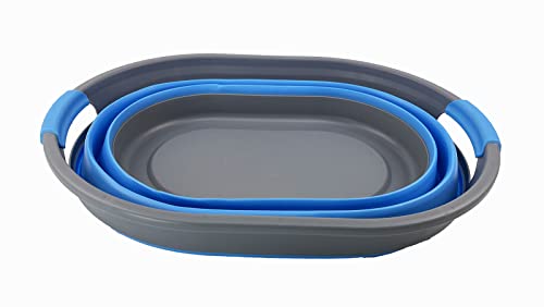 SAMMART Ovaler Wäschekorb aus Kunststoff, 28 l, faltbar, Pop-Up-Aufbewahrungsbehälter/Organizer, tragbar, platzsparend (Grau/Karolinenblau)