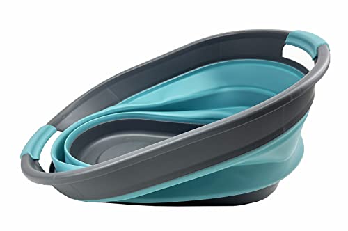 SAMMART Ovaler Wäschekorb aus Kunststoff, 28 l, faltbar, Pop-Up-Aufbewahrungsbehälter/Organizer, tragbar, platzsparend (Grau/Kristallblau)