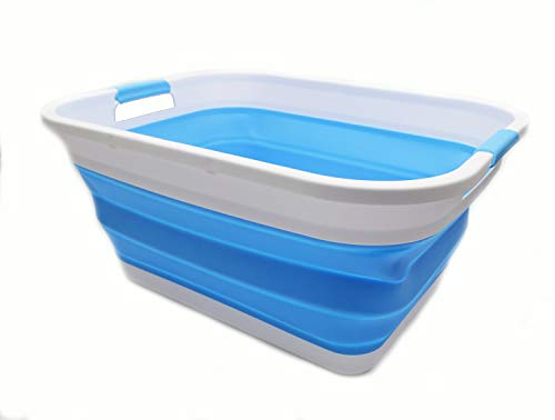SAMMART 41L zusammenklappbarer Kunststoff-Wäschekorb – faltbarer Pop-Up-Aufbewahrungsbehälter/Organizer – tragbare Waschwanne – platzsparender Korb/Korb (rechteckig, weiß/marineblau)
