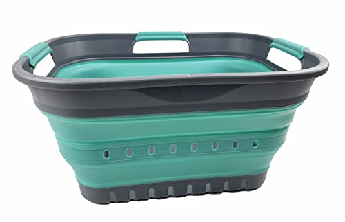SAMMART Faltbarer Super Mini-Wäschekorb aus Kunststoff, mit 3 Griffen, 19 l, faltbar, Pop-Up-Aufbewahrungsbehälter/Organizer, platzsparender Wäschekorb (Grau/Türkisblau)