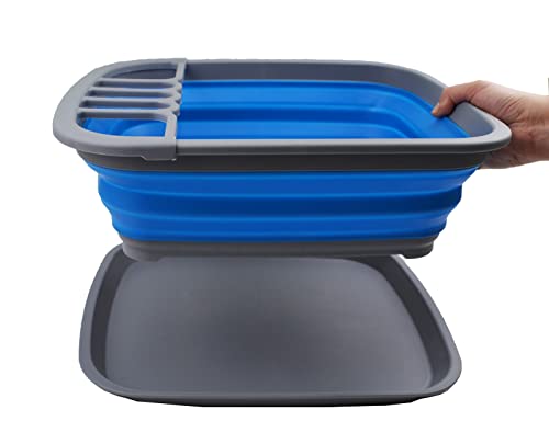 SAMMART 8L Zusammenklappbarer Plastik Geschirrabtropfer mit Abtropfbrett – Faltbares Wäscheständer-Set – Tragbarer Geschirr-Organizer – Platzsparende Küchenablage