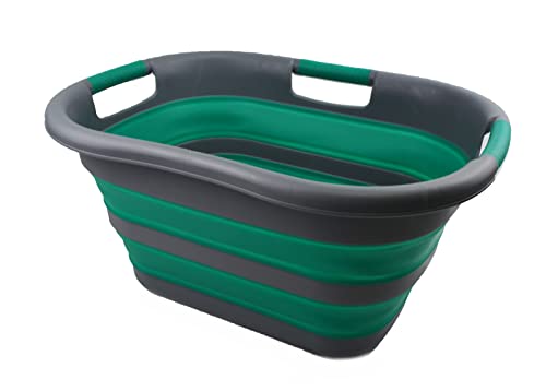 SAMMART Wäschekorb, faltbar, Kunststoff, 30 l, faltbar, Pop-Up-Aufbewahrungsbehälter/Organizer – tragbare Waschwanne – platzsparender Wäschekorb (Dunkelgrau/Blaugrün)