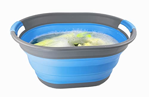 SAMMART Ovaler Wäschekorb aus Kunststoff, 28 l, faltbar, Pop-Up-Aufbewahrungsbehälter/Organizer, tragbar, platzsparend (Grau/Karolinenblau)