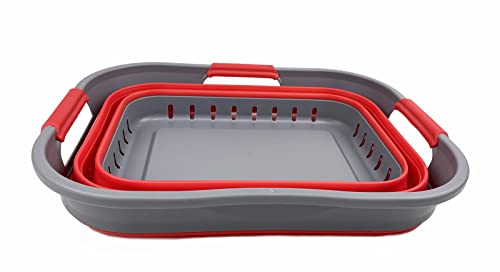 SAMMART Faltbarer Super Mini-Wäschekorb aus Kunststoff, mit 3 Griffen, 19 l, faltbar, Pop-Up-Aufbewahrungsbehälter/Organizer, platzsparender Wäschekorb (Grau/Rot)