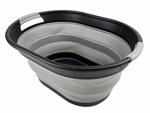 SAMMART Ovaler Wäschekorb aus Kunststoff, 28 l, faltbar, Pop-Up-Aufbewahrungsbehälter/Organizer, tragbar, platzsparend (Schwarz/Legierungsgrau)