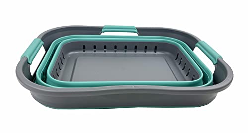 SAMMART Faltbarer Super Mini-Wäschekorb aus Kunststoff, mit 3 Griffen, 19 l, faltbar, Pop-Up-Aufbewahrungsbehälter/Organizer, platzsparender Wäschekorb (Grau/Türkisblau)