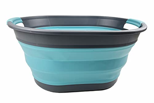 SAMMART Ovaler Wäschekorb aus Kunststoff, 28 l, faltbar, Pop-Up-Aufbewahrungsbehälter/Organizer, tragbar, platzsparend (Grau/Kristallblau)