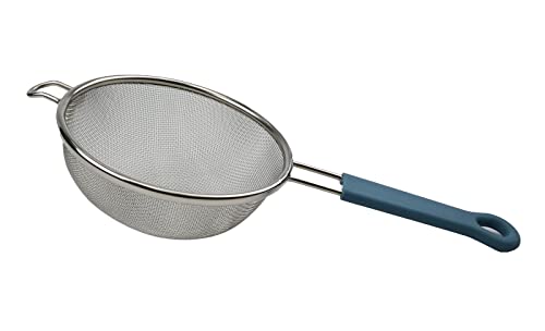 SAMMART 15 cm Edelstahlsieb mit stahlblauem Silikongriff – rundes Sieb mit breiterem Reifen