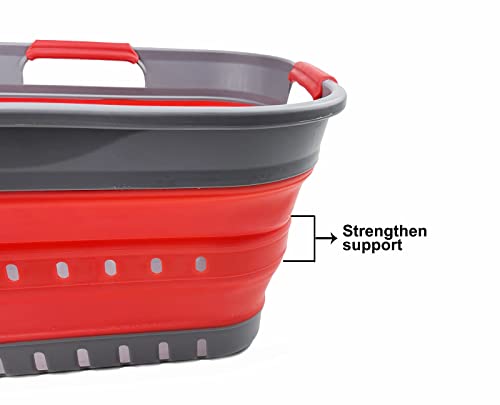 SAMMART Faltbarer Super Mini-Wäschekorb aus Kunststoff, mit 3 Griffen, 19 l, faltbar, Pop-Up-Aufbewahrungsbehälter/Organizer, platzsparender Wäschekorb (Grau/Rot)