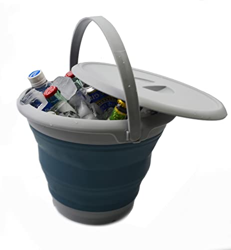 AMMART 8,5 l zusammenklappbarer Plastikeimer mit Deckel – Faltbare runde Wanne mit Deckel – tragbarer Wassereimer zum Angeln – platzsparender Outdoor-Wassertopf. Größe 31cm Durchmesser