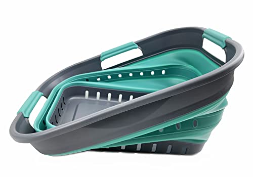 SAMMART Faltbarer Super Mini-Wäschekorb aus Kunststoff, mit 3 Griffen, 19 l, faltbar, Pop-Up-Aufbewahrungsbehälter/Organizer, platzsparender Wäschekorb (Grau/Türkisblau)