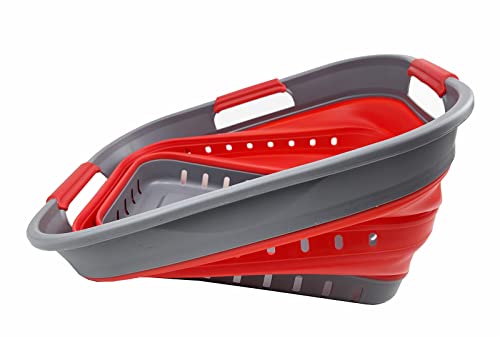 SAMMART Faltbarer Super Mini-Wäschekorb aus Kunststoff, mit 3 Griffen, 19 l, faltbar, Pop-Up-Aufbewahrungsbehälter/Organizer, platzsparender Wäschekorb (Grau/Rot)