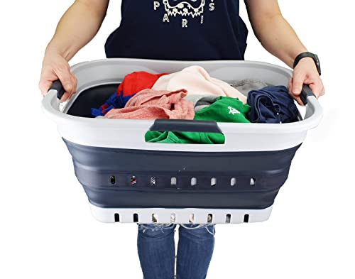 SAMMART Wäschekorb aus Kunststoff, zusammenklappbar, 30 l, mit 3 Griffen, faltbar, Aufbewahrungsbehälter, Organizer, tragbare Waschwanne, platzsparender Korb