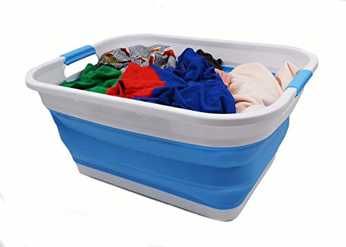 SAMMART 41L zusammenklappbarer Kunststoff-Wäschekorb – faltbarer Pop-Up-Aufbewahrungsbehälter/Organizer – tragbare Waschwanne – platzsparender Korb/Korb (rechteckig, weiß/marineblau)