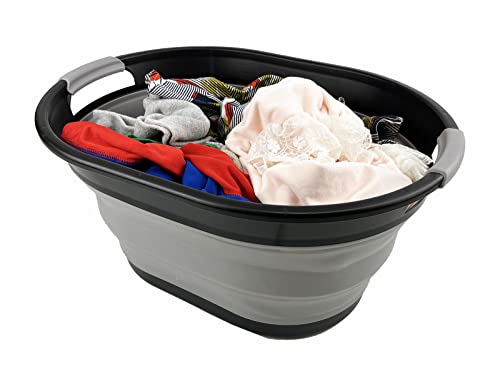 SAMMART Ovaler Wäschekorb aus Kunststoff, 28 l, faltbar, Pop-Up-Aufbewahrungsbehälter/Organizer, tragbar, platzsparend (Schwarz/Legierungsgrau)