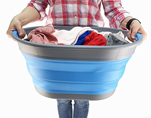 SAMMART Ovaler Wäschekorb aus Kunststoff, 28 l, faltbar, Pop-Up-Aufbewahrungsbehälter/Organizer, tragbar, platzsparend (Grau/Karolinenblau)