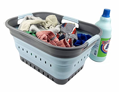 SAMMART Faltbarer Super Mini-Wäschekorb aus Kunststoff, mit 3 Griffen, 19 l, faltbar, Pop-Up-Aufbewahrungsbehälter/Organizer, platzsparender Wäschekorb (Grau/Seeengel)