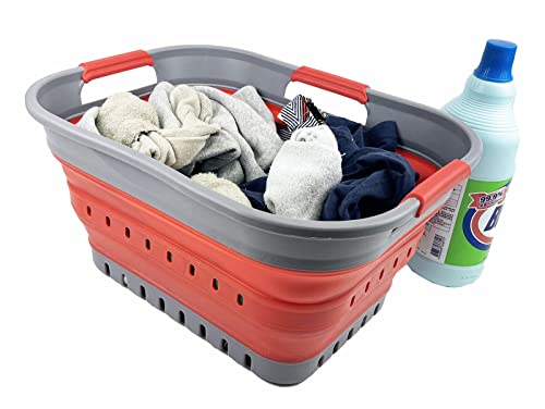 SAMMART Faltbarer Super Mini-Wäschekorb aus Kunststoff, mit 3 Griffen, 19 l, faltbar, Pop-Up-Aufbewahrungsbehälter/Organizer, platzsparender Wäschekorb (Grau/Rot)