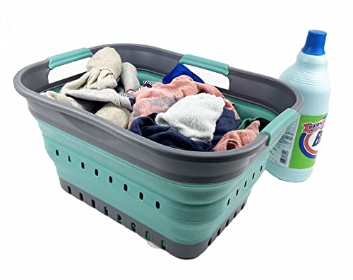 SAMMART Faltbarer Super Mini-Wäschekorb aus Kunststoff, mit 3 Griffen, 19 l, faltbar, Pop-Up-Aufbewahrungsbehälter/Organizer, platzsparender Wäschekorb (Grau/Türkisblau)