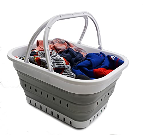 SAMMART 19L zusammenklappbare Wanne mit Griff – tragbarer Outdoor-Picknickkorb/Krater – Faltbare Einkaufstasche – platzsparender Aufbewahrungsbehälter (Weiß/Grau)