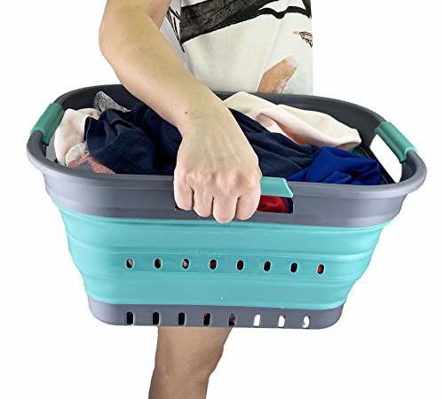 SAMMART Faltbarer Super Mini-Wäschekorb aus Kunststoff, mit 3 Griffen, 19 l, faltbar, Pop-Up-Aufbewahrungsbehälter/Organizer, platzsparender Wäschekorb (Grau/Türkisblau)