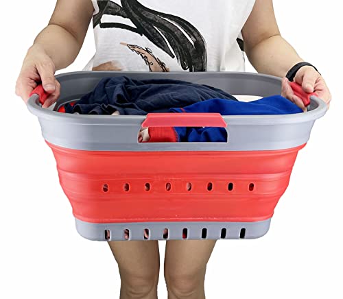SAMMART Faltbarer Super Mini-Wäschekorb aus Kunststoff, mit 3 Griffen, 19 l, faltbar, Pop-Up-Aufbewahrungsbehälter/Organizer, platzsparender Wäschekorb (Grau/Rot)