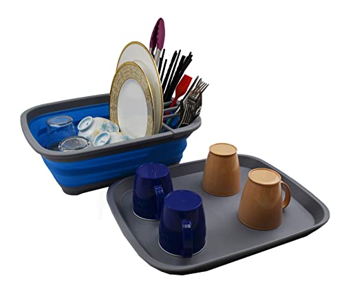 SAMMART 8L Zusammenklappbarer Plastik Geschirrabtropfer mit Abtropfbrett – Faltbares Wäscheständer-Set – Tragbarer Geschirr-Organizer – Platzsparende Küchenablage