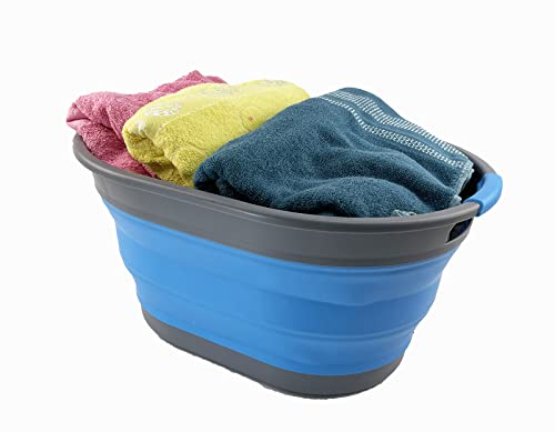 SAMMART Ovaler Wäschekorb aus Kunststoff, 28 l, faltbar, Pop-Up-Aufbewahrungsbehälter/Organizer, tragbar, platzsparend (Grau/Karolinenblau)