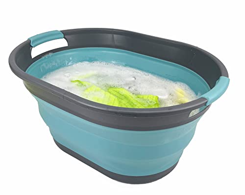 SAMMART Ovaler Wäschekorb aus Kunststoff, 28 l, faltbar, Pop-Up-Aufbewahrungsbehälter/Organizer, tragbar, platzsparend (Grau/Kristallblau)