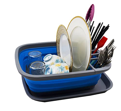 SAMMART 8L Zusammenklappbarer Plastik Geschirrabtropfer mit Abtropfbrett – Faltbares Wäscheständer-Set – Tragbarer Geschirr-Organizer – Platzsparende Küchenablage