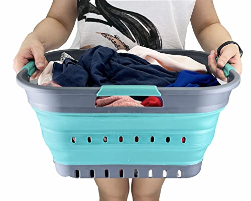 SAMMART Faltbarer Super Mini-Wäschekorb aus Kunststoff, mit 3 Griffen, 19 l, faltbar, Pop-Up-Aufbewahrungsbehälter/Organizer, platzsparender Wäschekorb (Grau/Türkisblau)