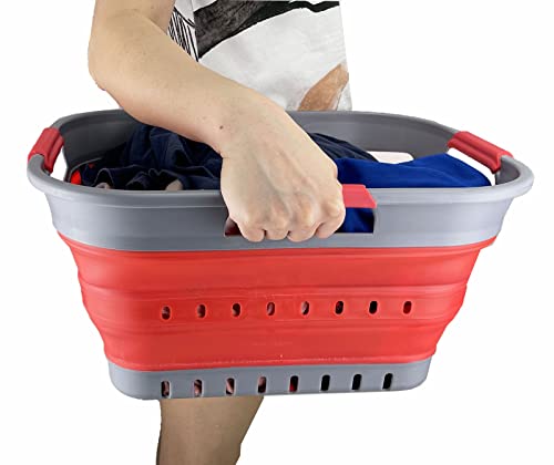 SAMMART Faltbarer Super Mini-Wäschekorb aus Kunststoff, mit 3 Griffen, 19 l, faltbar, Pop-Up-Aufbewahrungsbehälter/Organizer, platzsparender Wäschekorb (Grau/Rot)
