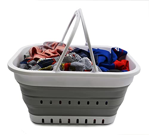 SAMMART 19L zusammenklappbare Wanne mit Griff – tragbarer Outdoor-Picknickkorb/Krater – Faltbare Einkaufstasche – platzsparender Aufbewahrungsbehälter (Weiß/Grau)