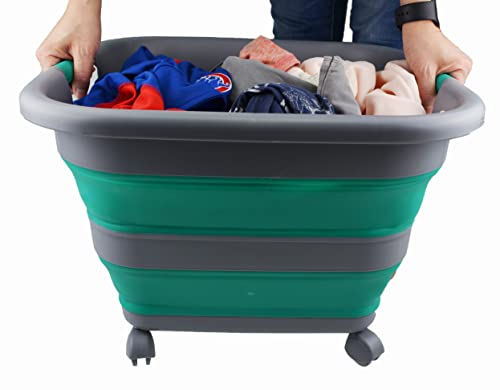 SAMMART Faltbarer Wäschekorb aus Kunststoff mit Rädern, 39 l, zusammenklappbar, mit Rollen, tragbare Waschwanne, platzsparender Korb