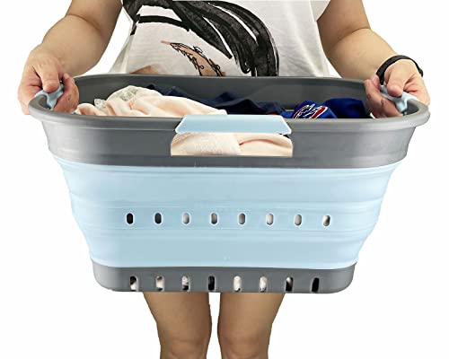 SAMMART Faltbarer Super Mini-Wäschekorb aus Kunststoff, mit 3 Griffen, 19 l, faltbar, Pop-Up-Aufbewahrungsbehälter/Organizer, platzsparender Wäschekorb (Grau/Seeengel)