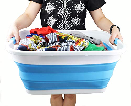 SAMMART 41L zusammenklappbarer Kunststoff-Wäschekorb – faltbarer Pop-Up-Aufbewahrungsbehälter/Organizer – tragbare Waschwanne – platzsparender Korb/Korb (rechteckig, weiß/marineblau)