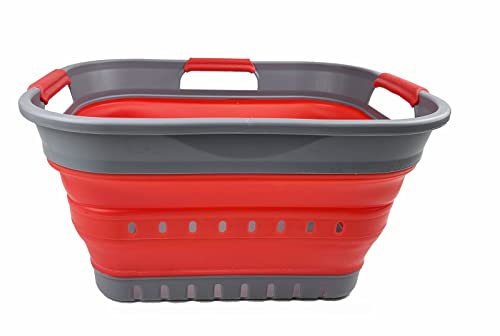 SAMMART Faltbarer Super Mini-Wäschekorb aus Kunststoff, mit 3 Griffen, 19 l, faltbar, Pop-Up-Aufbewahrungsbehälter/Organizer, platzsparender Wäschekorb (Grau/Rot)