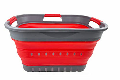 SAMMART Faltbarer Super Mini-Wäschekorb aus Kunststoff, mit 3 Griffen, 19 l, faltbar, Pop-Up-Aufbewahrungsbehälter/Organizer, platzsparender Wäschekorb (Grau/Rot)