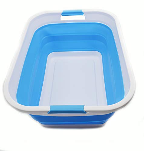SAMMART 41L zusammenklappbarer Kunststoff-Wäschekorb – faltbarer Pop-Up-Aufbewahrungsbehälter/Organizer – tragbare Waschwanne – platzsparender Korb/Korb (rechteckig, weiß/marineblau)