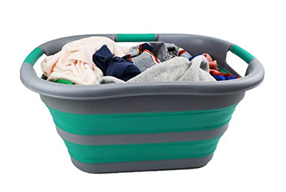 SAMMART Wäschekorb, faltbar, Kunststoff, 30 l, faltbar, Pop-Up-Aufbewahrungsbehälter/Organizer – tragbare Waschwanne – platzsparender Wäschekorb (Dunkelgrau/Blaugrün)