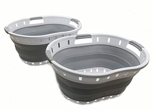 SAMMART Collapsible 3-Griff-Kunststoff-Wäschekorb - Ovale Wanne/Korb - Faltbarer Aufbewahrungsbehälter/Organizer - Tragbare Waschwanne - Platzsparender Wäschekorb