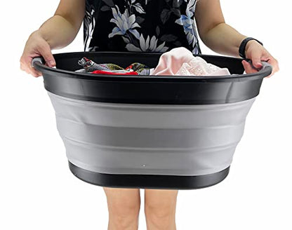 SAMMART Ovaler Wäschekorb aus Kunststoff, 28 l, faltbar, Pop-Up-Aufbewahrungsbehälter/Organizer, tragbar, platzsparend (Schwarz/Legierungsgrau)