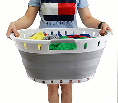 SAMMART Collapsible 3-Griff-Kunststoff-Wäschekorb - Ovale Wanne/Korb - Faltbarer Aufbewahrungsbehälter/Organizer - Tragbare Waschwanne - Platzsparender Wäschekorb