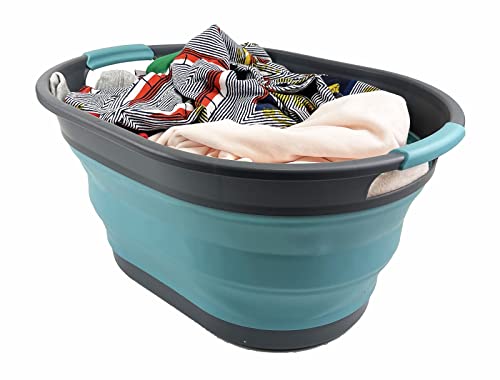 SAMMART Ovaler Wäschekorb aus Kunststoff, 28 l, faltbar, Pop-Up-Aufbewahrungsbehälter/Organizer, tragbar, platzsparend (Grau/Kristallblau)
