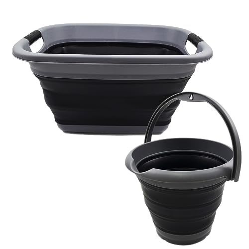 SAMMART 2-teiliges Set: 25 l zusammenklappbarer Kunststoff-Wäschekorb und 5 l zusammenklappbarer Eimer