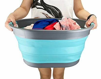 SAMMART Ovaler Wäschekorb aus Kunststoff, 28 l, faltbar, Pop-Up-Aufbewahrungsbehälter/Organizer, tragbar, platzsparend (Grau/Kristallblau)