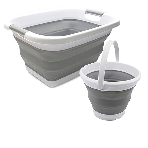 SAMMART 2-teiliges Set: 25 l zusammenklappbarer Wäschekorb aus Kunststoff und 5,5 l zusammenklappbarer Eimer/Wassertopf