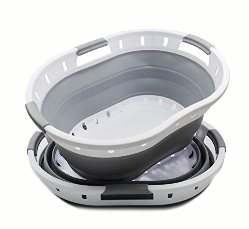 SAMMART Collapsible 3-Griff-Kunststoff-Wäschekorb - Ovale Wanne/Korb - Faltbarer Aufbewahrungsbehälter/Organizer - Tragbare Waschwanne - Platzsparender Wäschekorb