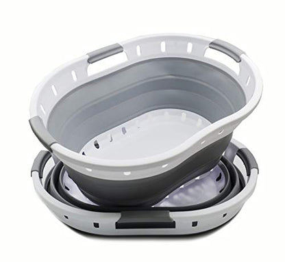 SAMMART Collapsible 3-Griff-Kunststoff-Wäschekorb - Ovale Wanne/Korb - Faltbarer Aufbewahrungsbehälter/Organizer - Tragbare Waschwanne - Platzsparender Wäschekorb